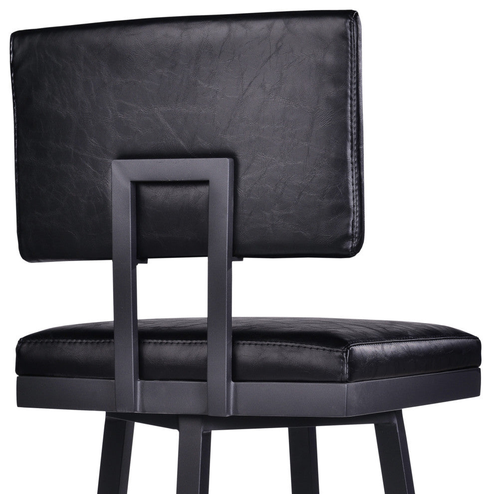 26" Vintage Black on Black Faux Leather Rectangular Swivel Armless Bar Stool