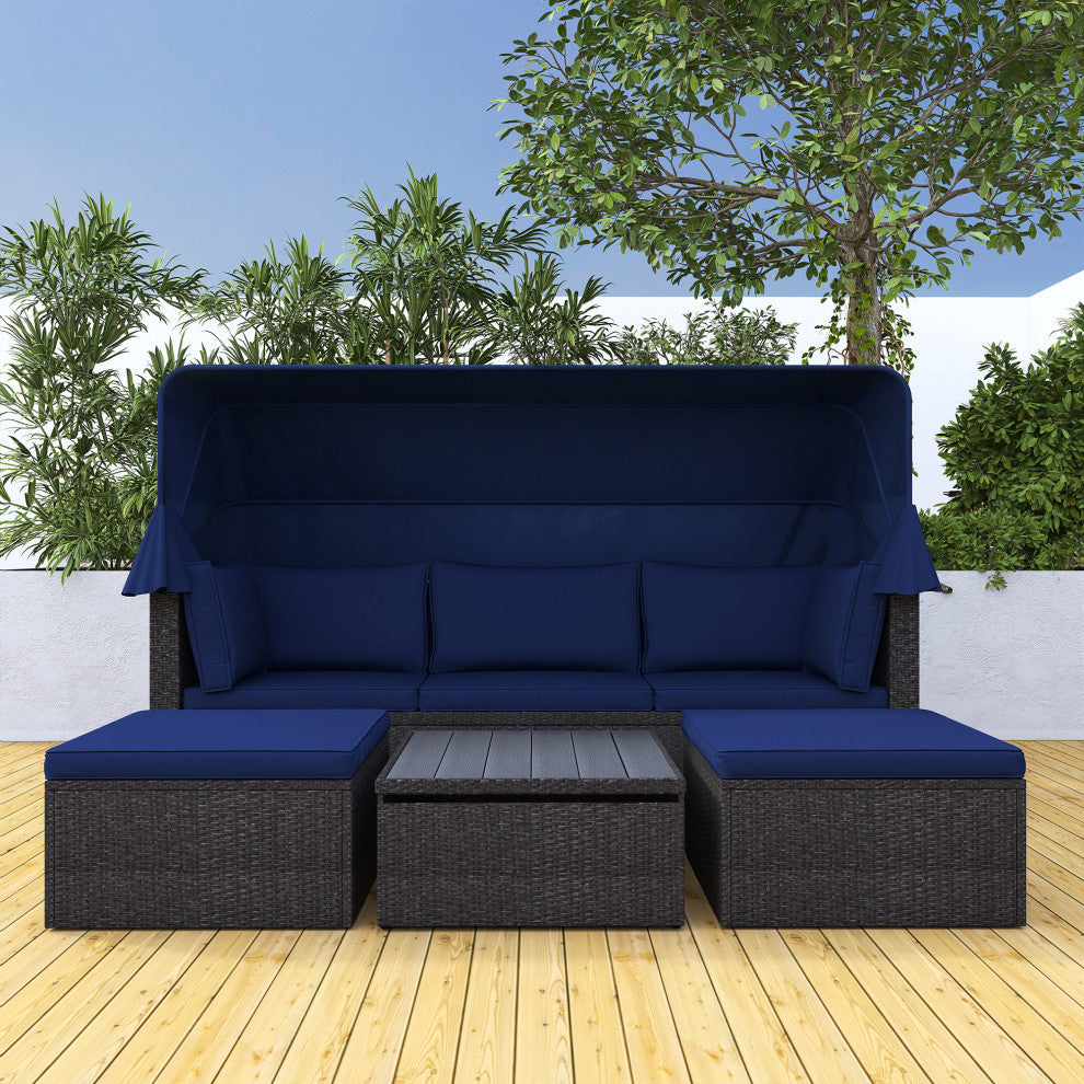 4-Piece Outdoor Wicker Sectional Patio Daybed with Canopy and Ottoman, Black Blu
