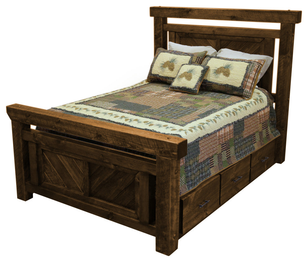 Barnwood Style Timber Peg Panel Platform Bed with Footboard, Early American, Twin