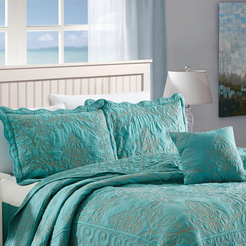 Damask Coverlet 4 Piece Bed Spread Set, Teal, Queen