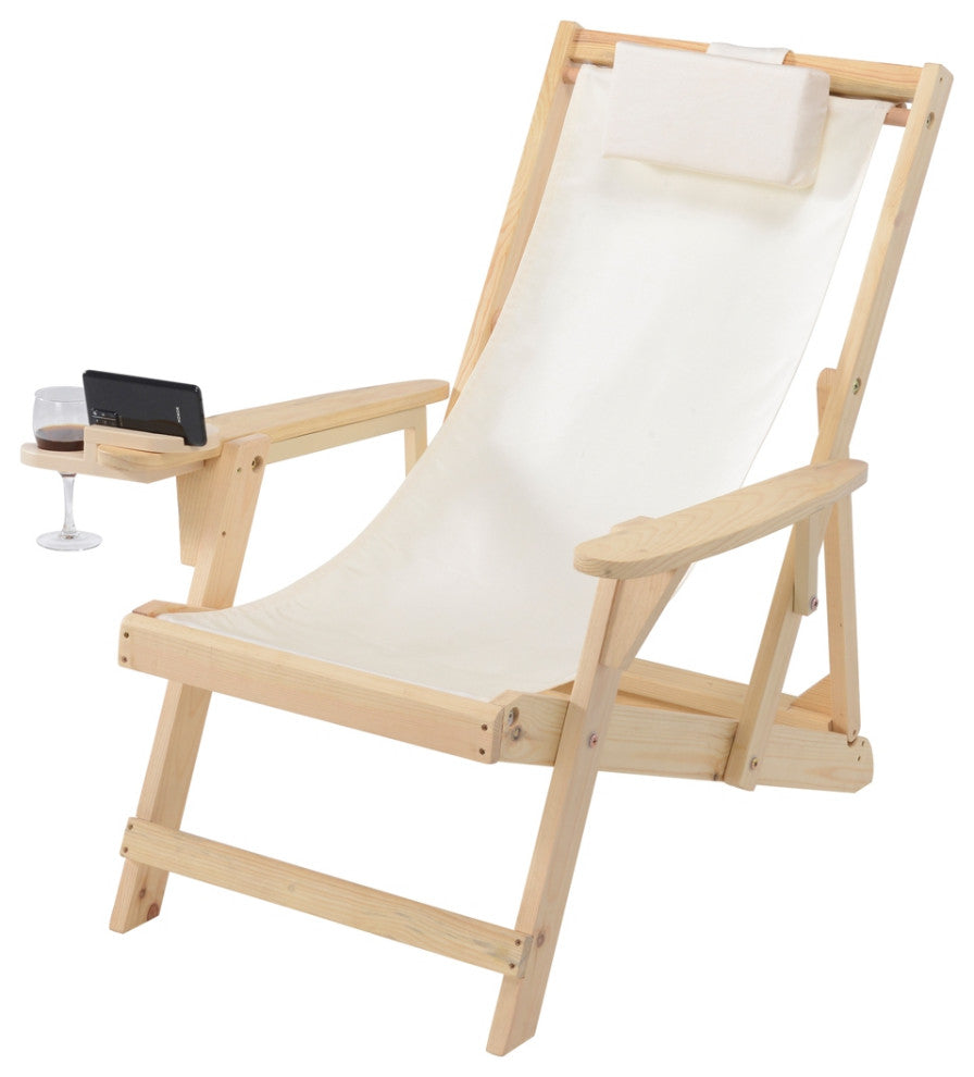 Romantic Collection Canvas Sling Chair with Cup and Wine Holder, Natural Frame B