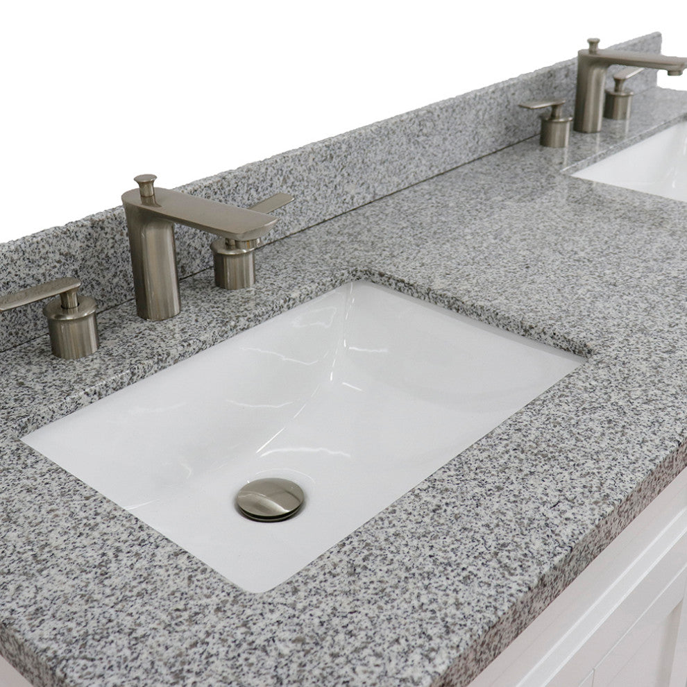 61" Double Sink Vanity, White Finish And Gray Granite And Rectangle Sink