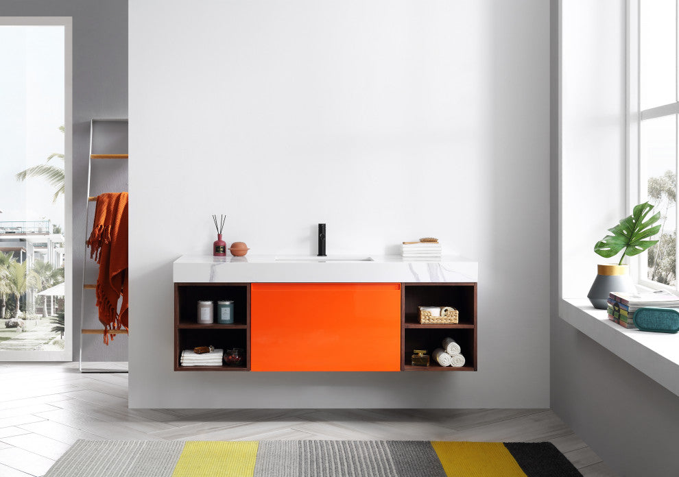 Manarola Red Amber with Thick Quartz Wall Mount Vanity, Open Shelf, 60"