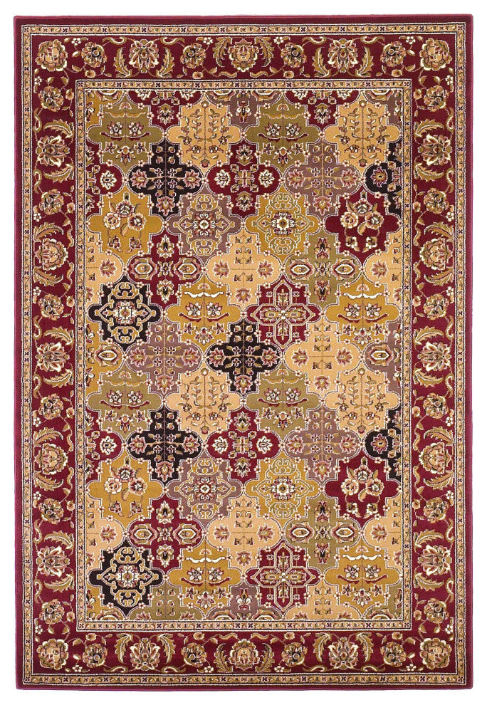 HomeRoots 7' Octagon Red Floral Panel Bordered Indoor Area Rug
