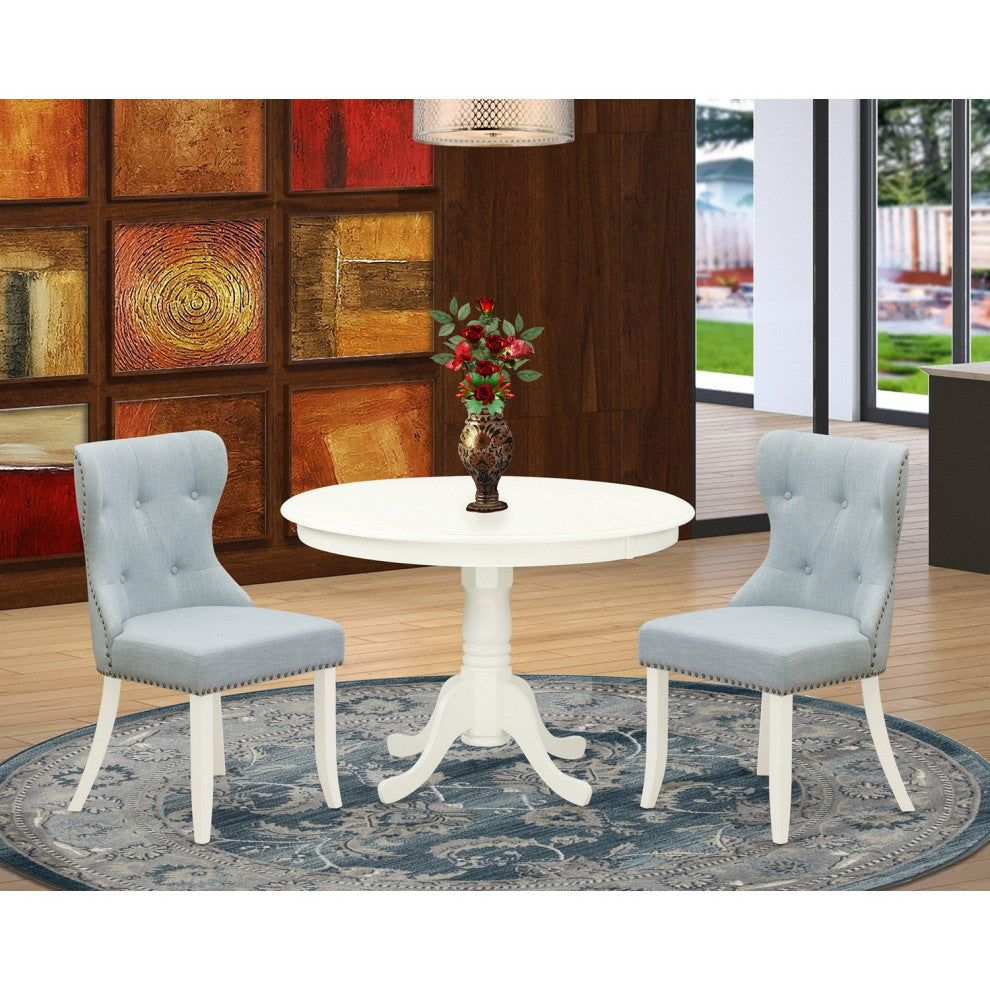 A Dining Set Of Two Parson Chairs, 42" Antique Pedestal Table, Linen White