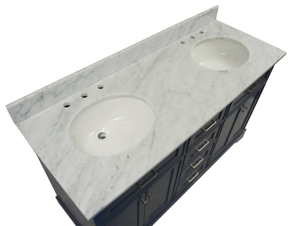 Aria 60" Bathroom Vanity, Marine Gray, Carrara Marble, Double Vanity
