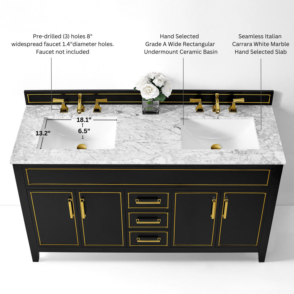 The Monaco Bathroom Vanity, Black Onyx, 60", Double Sink, Freestanding