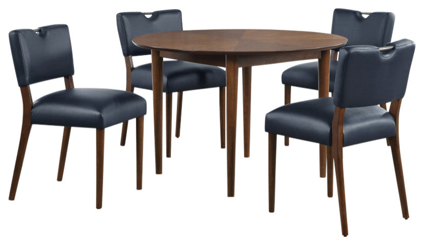 Bonito 5-Piece 47-in. Round Dining Set, Walnut Finish, Midnight Blue Faux Leather