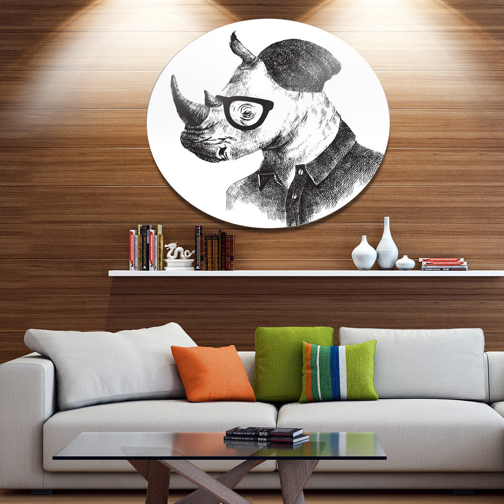 Hipster Rhino In Black And White, Animal Round Wall Art, 23"