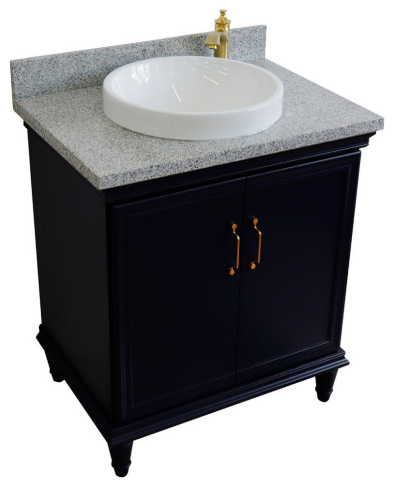 31" Single Vanity, Blue Finish With Gray Granite And Round Sink