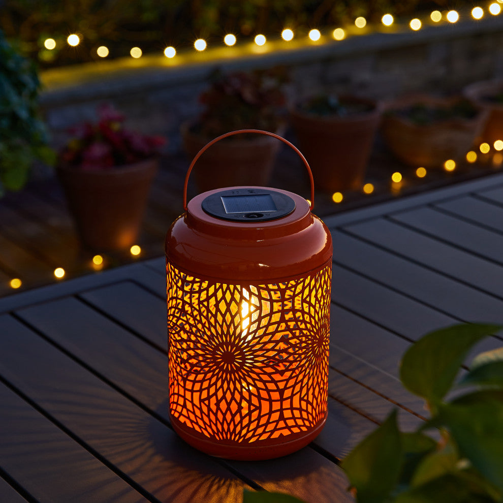 8.75"H Orange Metal Cutout Solar Powered  Lantern