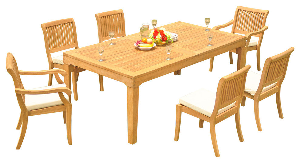 7-Piece Outdoor Teak Dining Set, 122" Extension Table, 6 Arbor Stacking Chairs