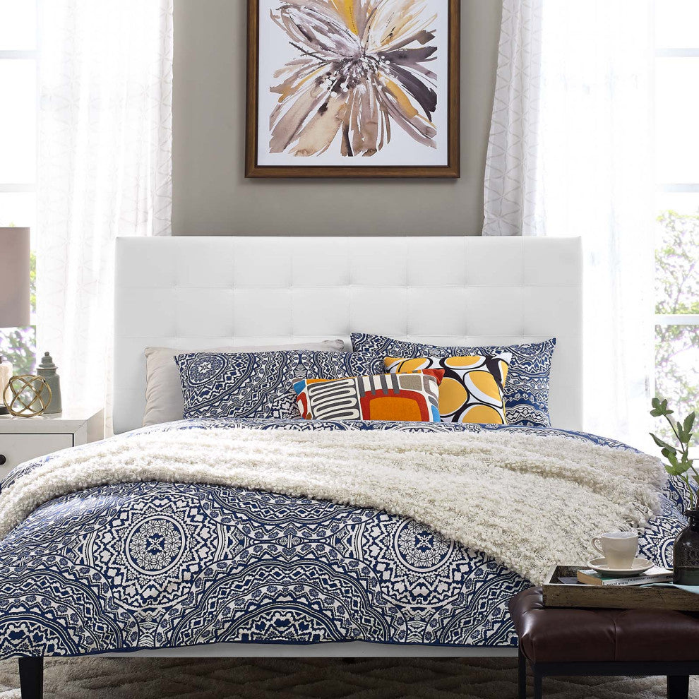 Modern Full and Queen Size Tufted Headboard, Faux Vinyl Leather, White