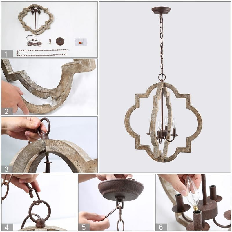 LNC Wood Farmhouse Rustic Lantern Chandeliers, Distressed White, 4 Lights