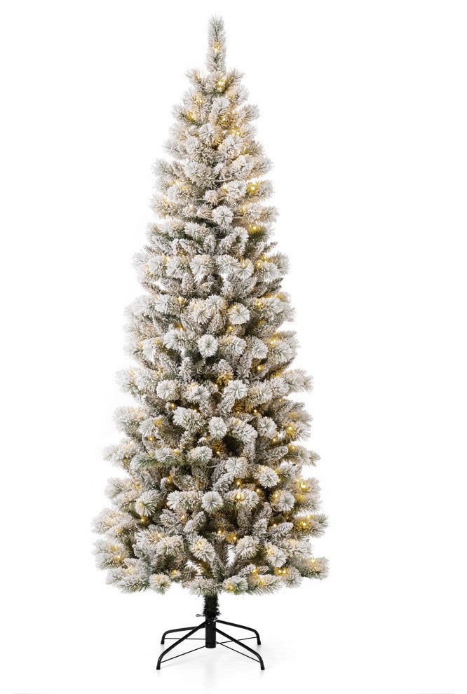 7.5ft Pre-Lit Flocked Pencil Pine Artificial Christmas Tree With 300 Warm Lights