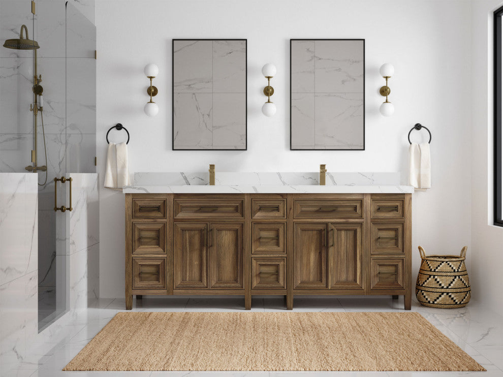 Santa Monica 84 Double Sink Bath Vanity in Graywashed Teak 2" Calacatta Laza
