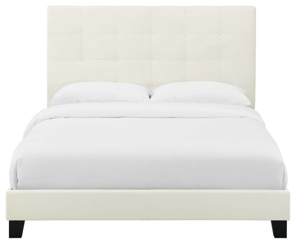 Contemporary Modern King Size Platform Bed Frame, Velvet Fabric, Ivory White