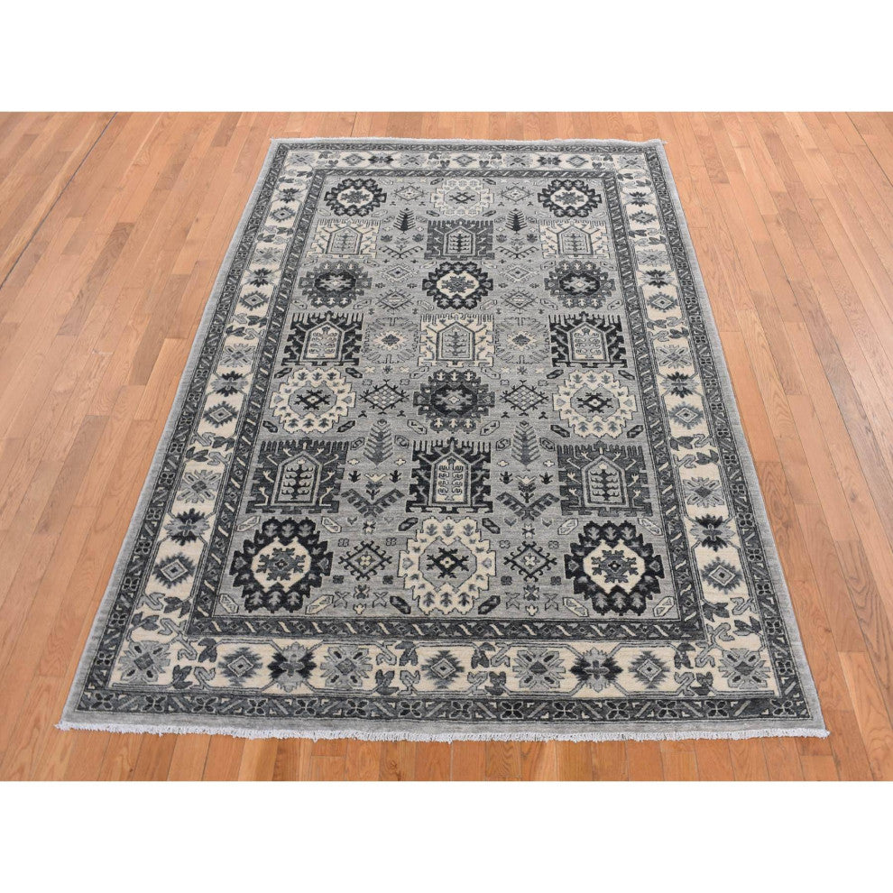 Medium Gray Pure Wool Hand Knotted Peshawar With Karajeh Design Rug 6'2"x9'2"