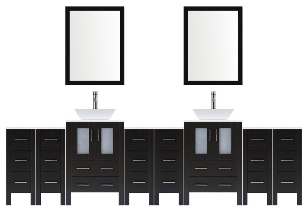 Modern Vanity Set With Two Sink Bases With Mirrors and Six Drawer Bases, Espress