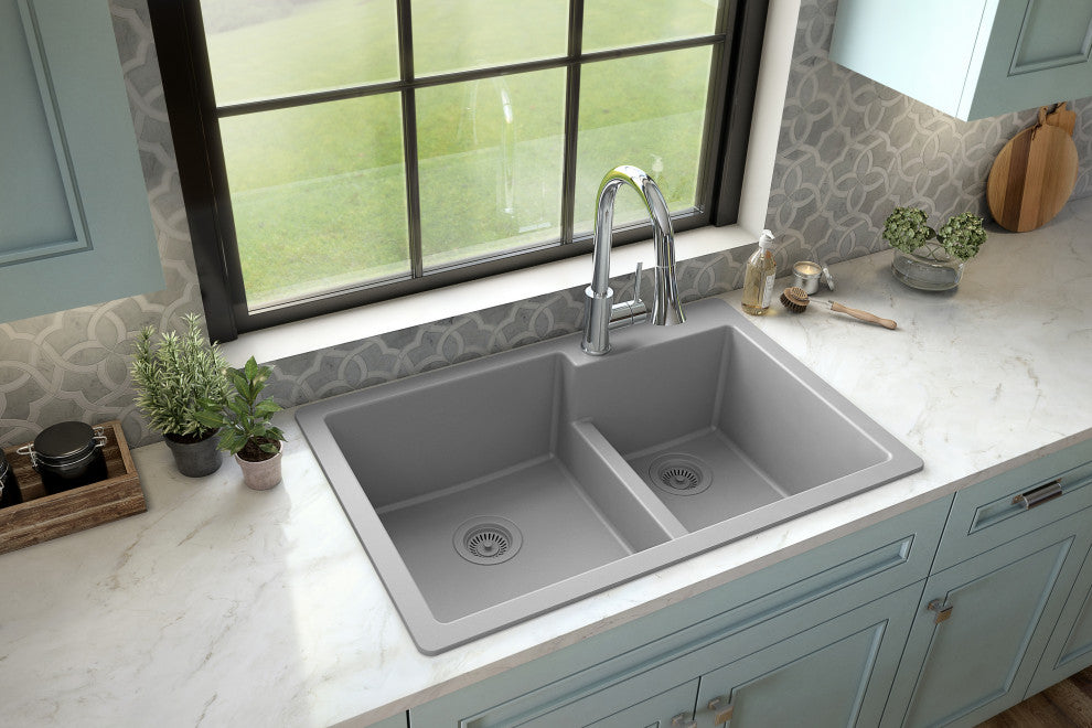 Karran 33" Top Mount Double Bowl 60/40 Quartz Kitchen Sink Kit, Grey