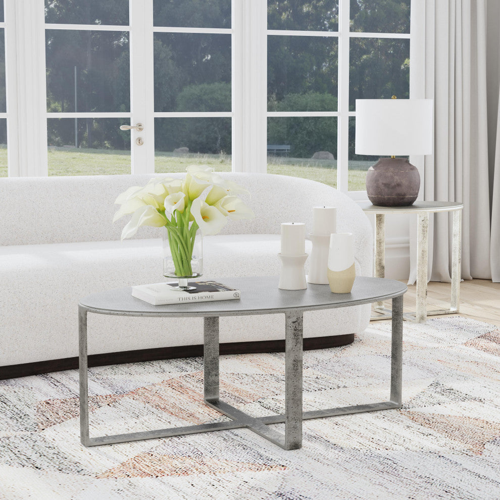 Kosas Home Flores 48" Industrial Oval Metal Nickel Coffee Table