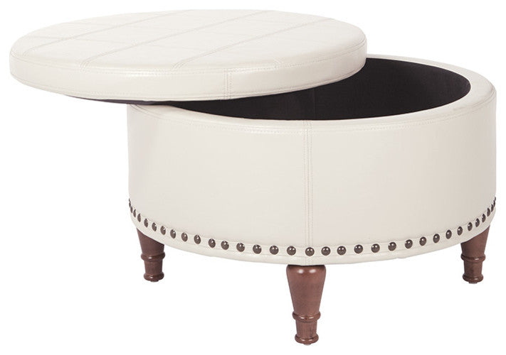 Alloway Faux Leather Storage Ottoman With Antique Bronze Nailheads, Cream