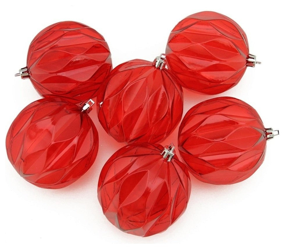 Transparent Rhombus Cut Shatterproof Ball Ornaments, Set of 6, Red Hot