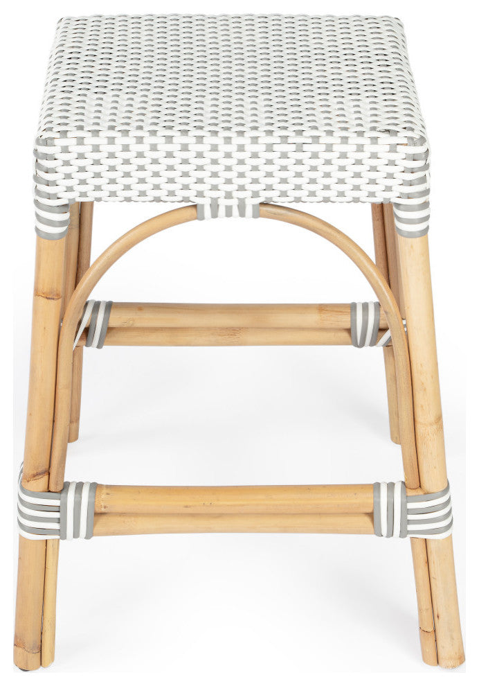 Robias Rectangular Rattan 24.5" Counter Stool, Grey and White
