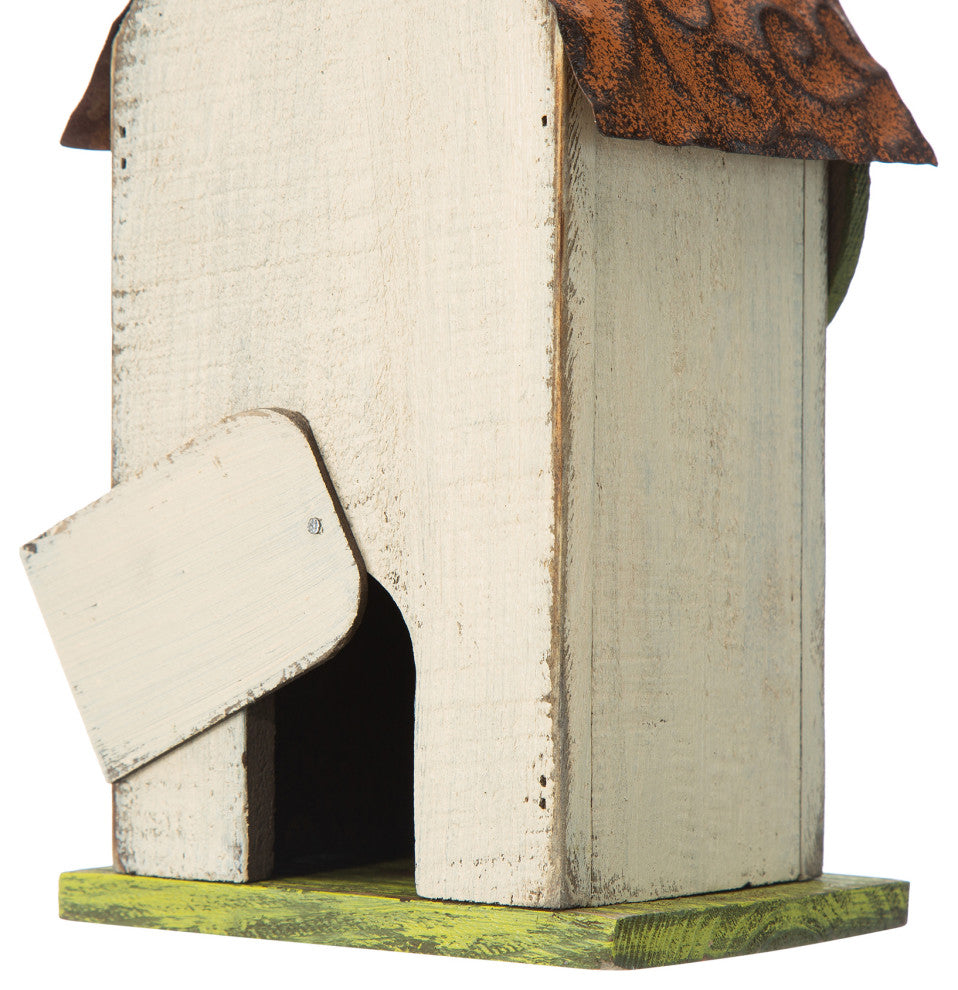 9.75"H Washed White Distressed Solid Wood Birdhouse With 3D Tree and Bird