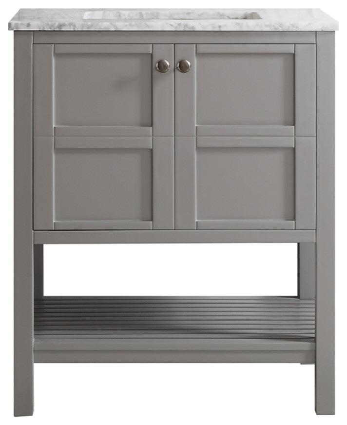 30" Single Vanity in Grey with Carrara White Marble Countertop Without Mirror