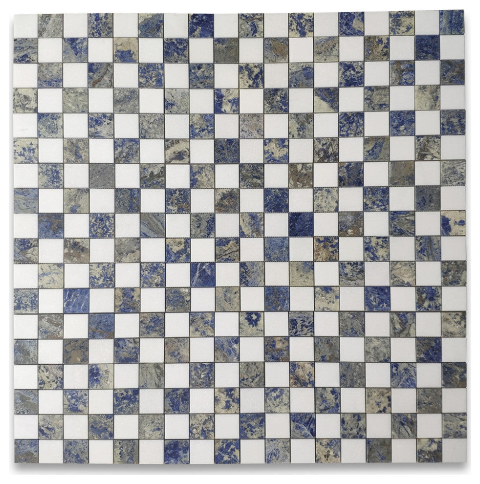Thassos White Azul Macaubas Blue Marble Checkerboard Mosaic Tile Honed, 1 sheet