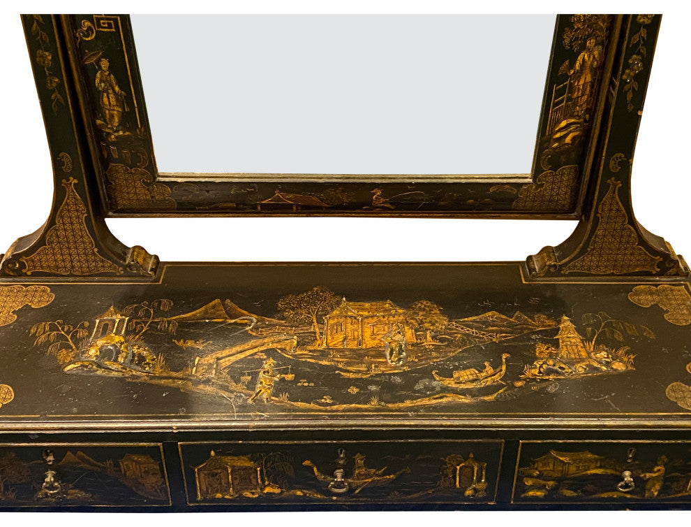 Chinese Vintage Golden Scenery Black Lacquer Mirror Chest Hcs7052
