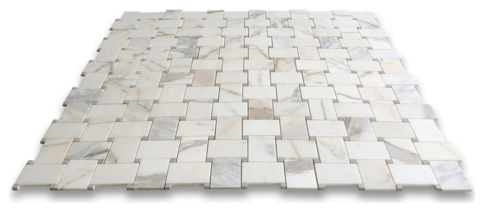 Calacatta Gold Marble Basketweave Mosaic Tile Cinderella Gray Polished, 1 sheet