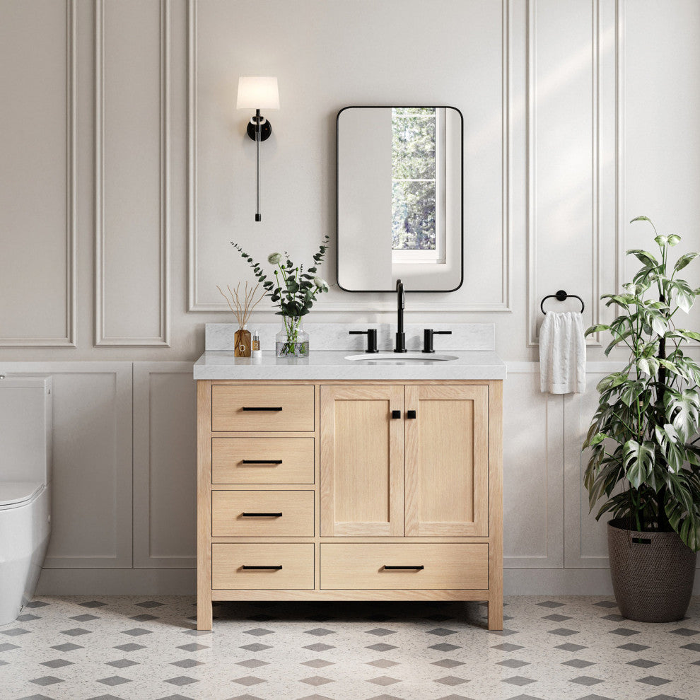 Cambridge 42" Single Bath Vanity With Italian Carrara Marble Top, Oak