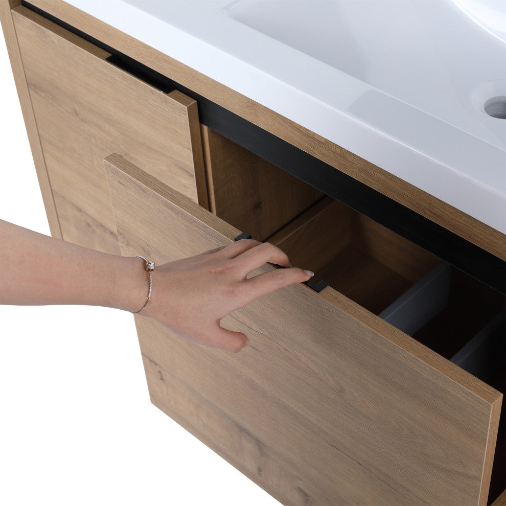 Bathroom Vanity With White Resin Top and Basin, Imitative Oak, 48x18