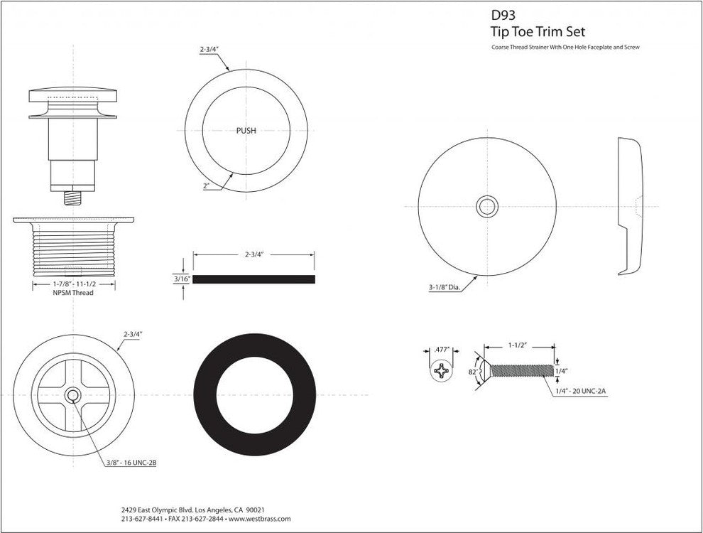 Tip Toe Tub Trim Set With One-Hole Overflow Faceplate In Powder Coated White