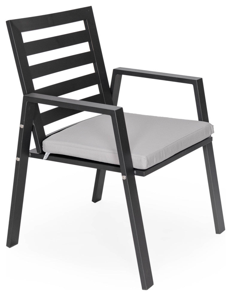 LeisureMod Chelsea Modern 8-Piece Outdoor Dining Set, Black Aluminum, Light Grey