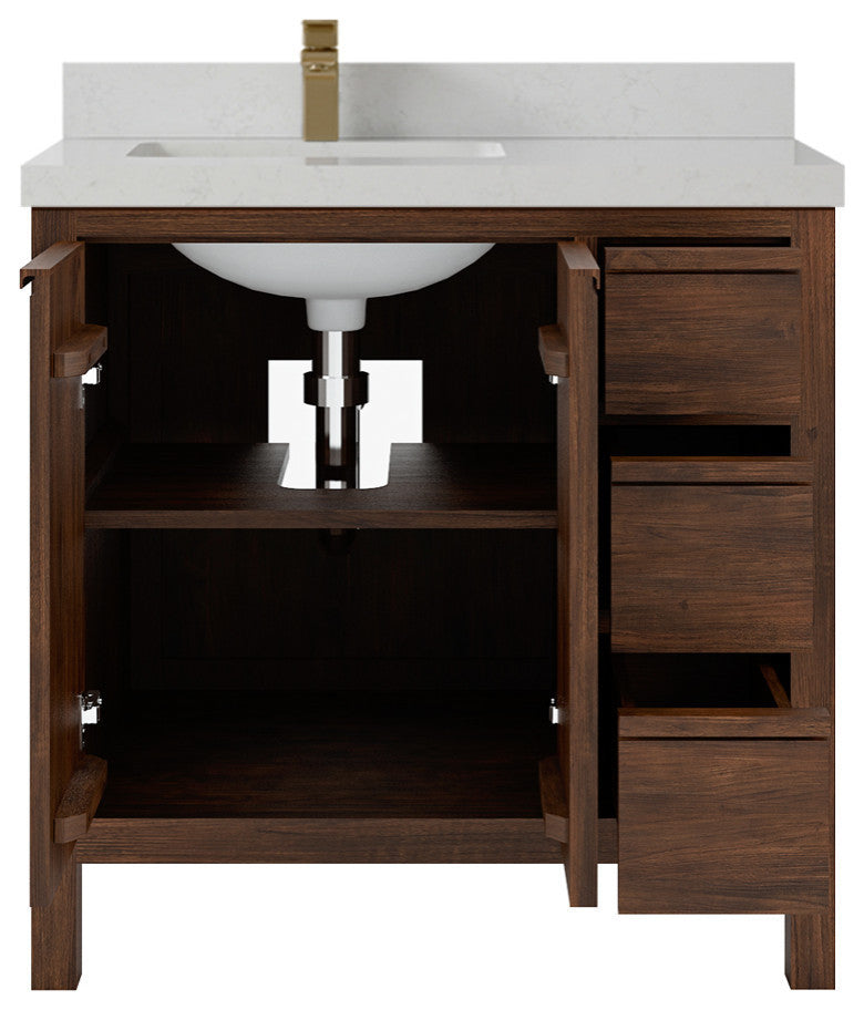 Elizabeth 36 Left Offset Bath Vanity in Dark Walnut Teak 2" Carrara Quartz