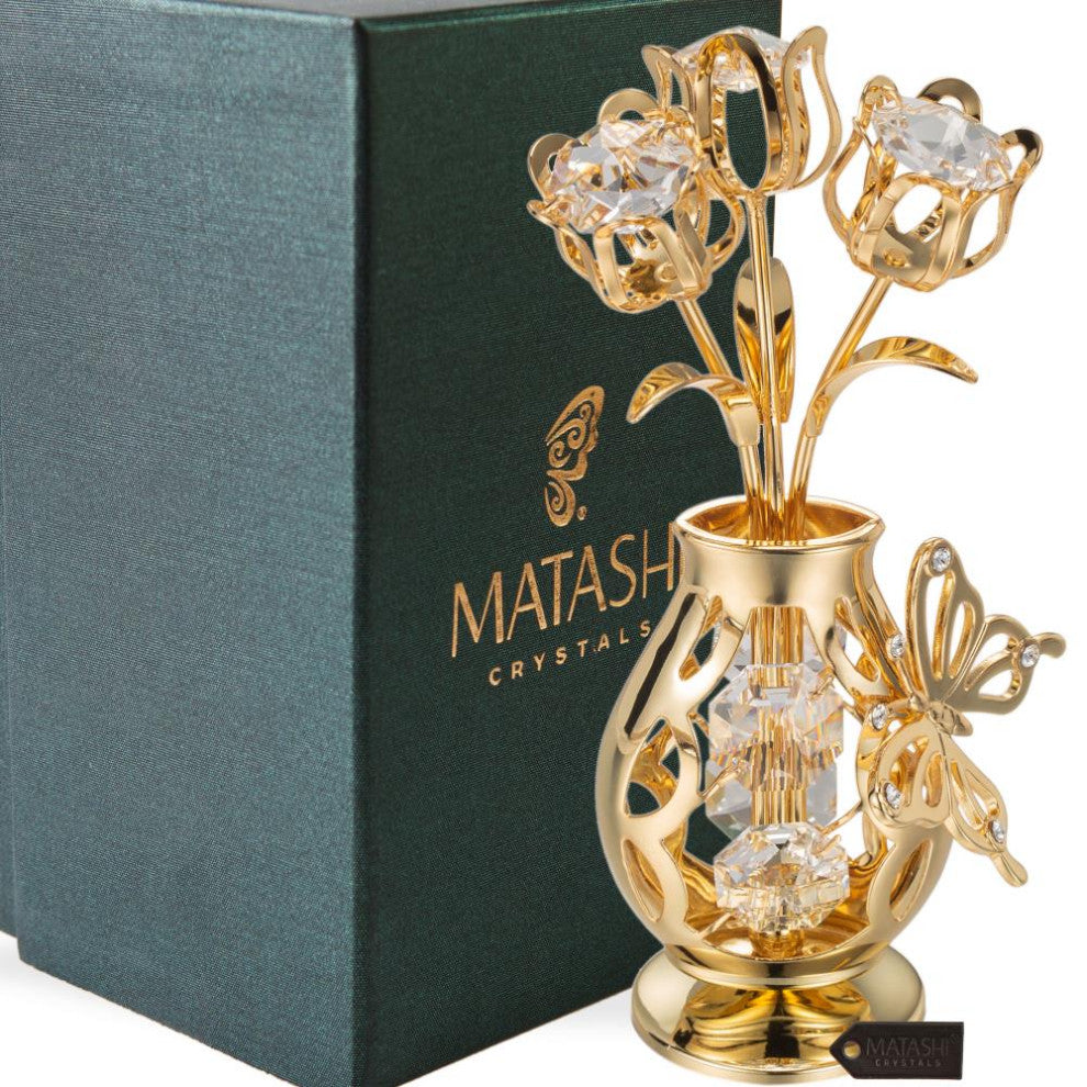 Matashi 24K Gold Plated Flower Ornament in Vase w Crystals Decorative Butterfly