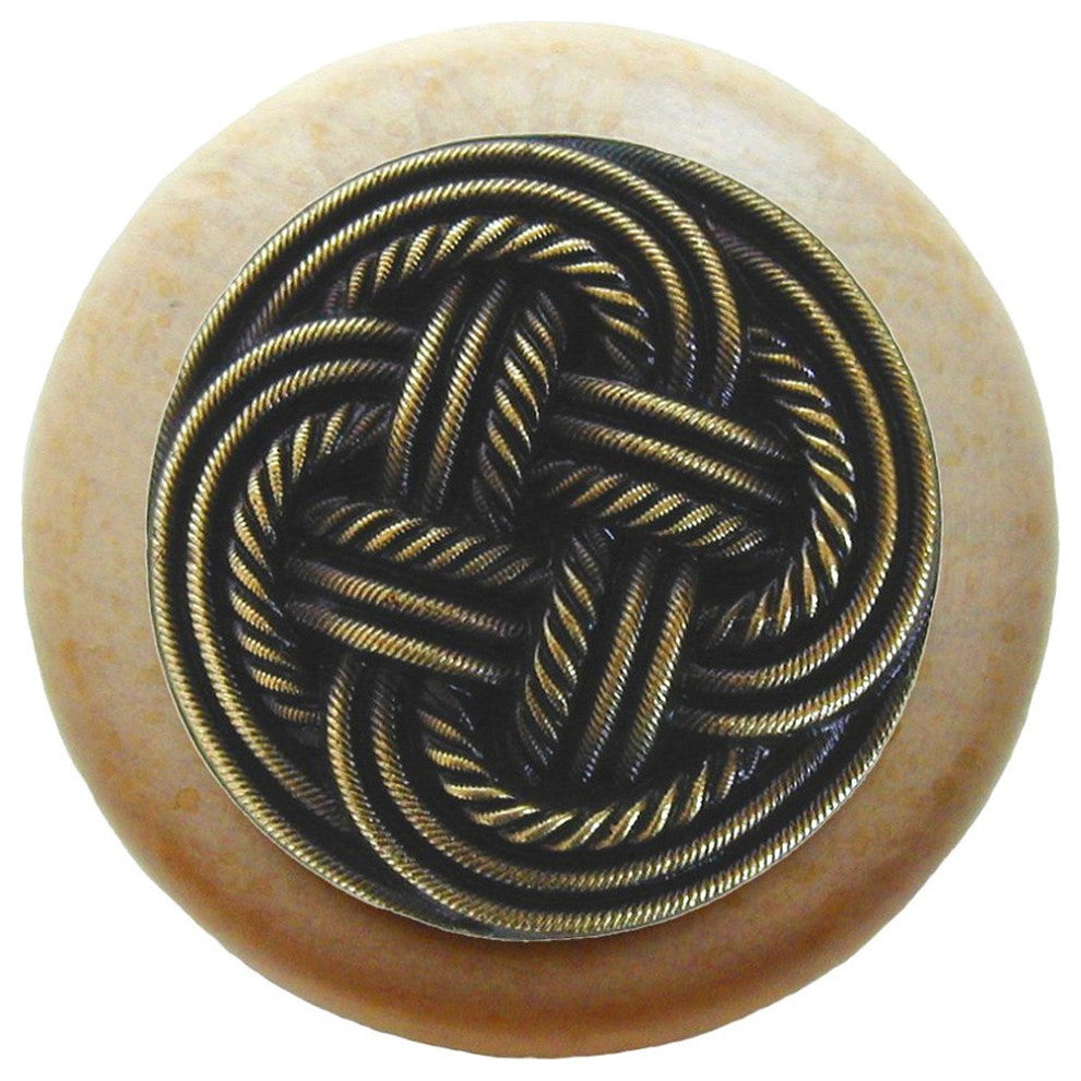 Classic Weave Natural Wood Knob, Clear Finish With Antique-Style Brass