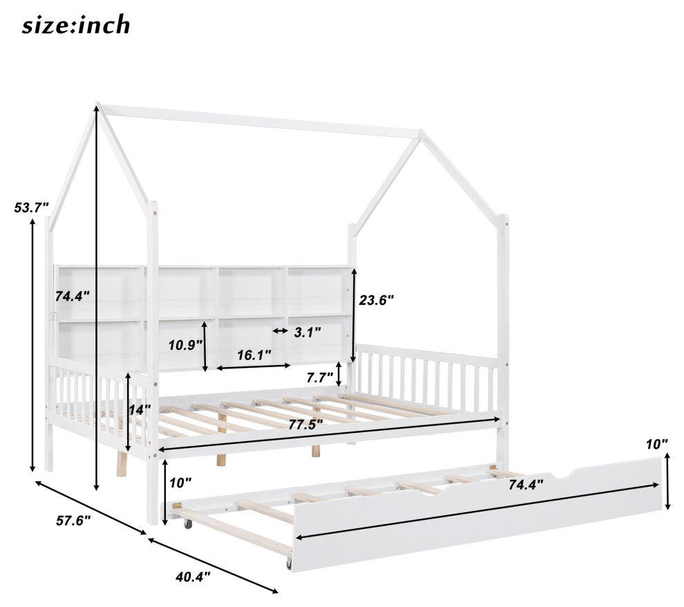 Gewnee Wood Full Size House Bed with Trundle for Kids in White