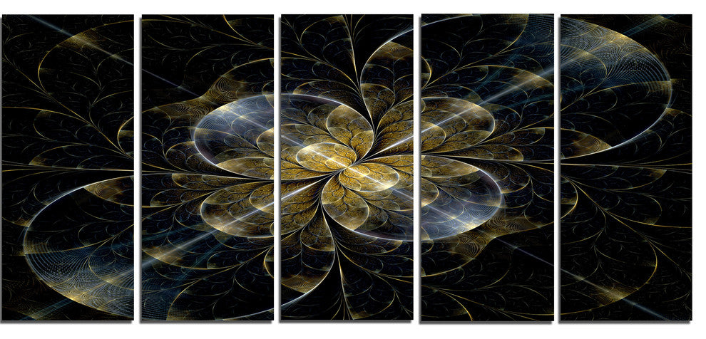 Symmetrical Golden Fractal Flower, Floral Canvas Art Print, 60"x28", 5 Panels