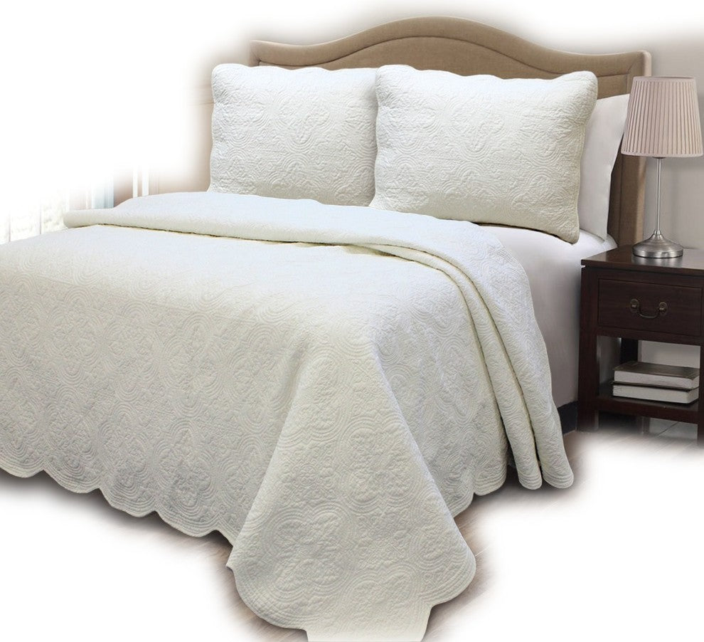 Serenity Ivory 100% Cotton Quilt Set, Full/Queen Set