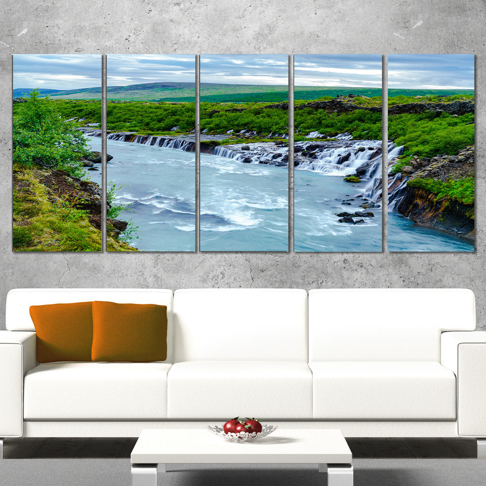 Hraunfossar Waterfall Iceland, Modern Landscape Canvas Art, 60"x28", 5 Panels
