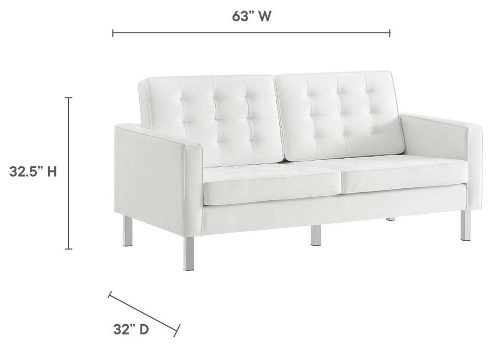 Modern Designer Lounge Loveseat Sofa, Faux Vinyl Leather, Grey Gray Silver, White