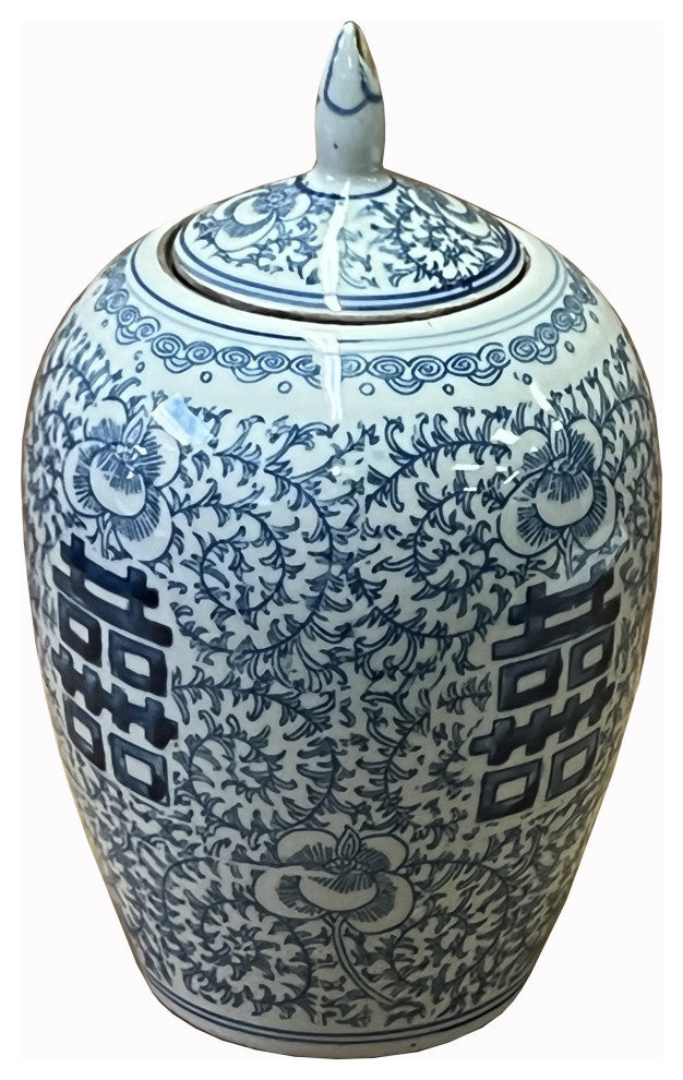 Chinese Blue White Floral Double Happiness Graphic Point Lid Jar Hws2566