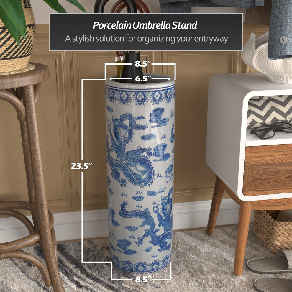 24" Dragon Blue and White Porcelain Umbrella Stand
