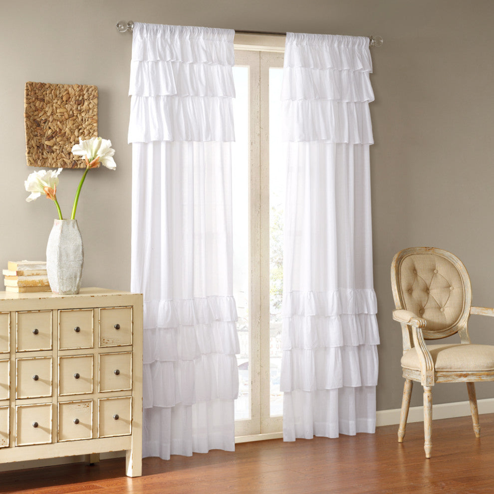 Madison Park Anna Oversize Ruffle White Window Curtain, Panel 84"