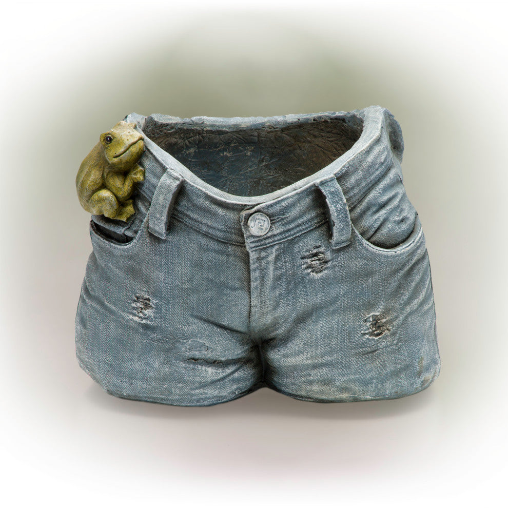 Rugged Denim Shorts Flower Planter with Frog