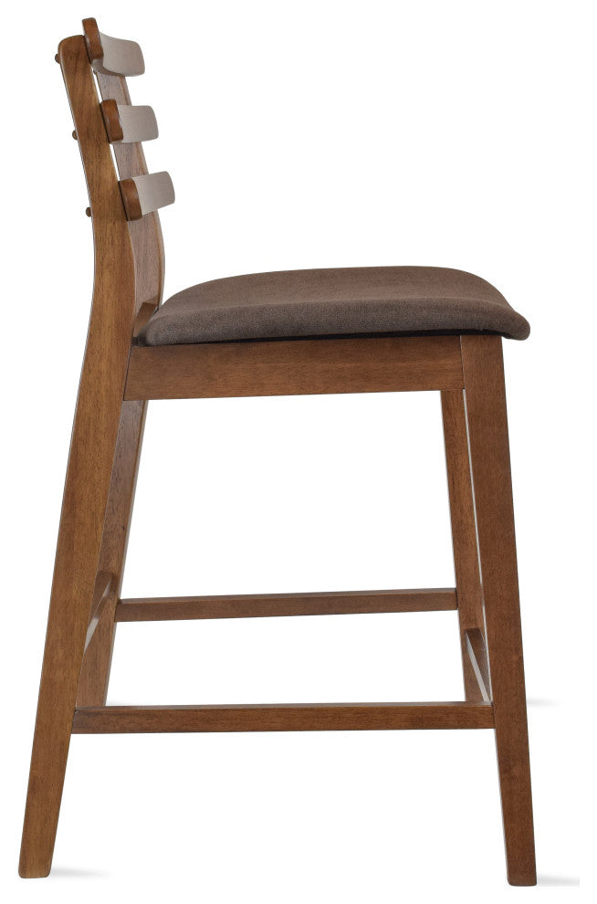 Dark Brown Wood Wooden With Ladder Back Cushion Counter Height Stools, Set of 2, Cappuccino
